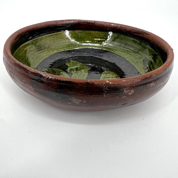 Vintage Patamban Michoacan Green Bowl Redware Pottery Mexico Folk Art - Picture 3 of 6
